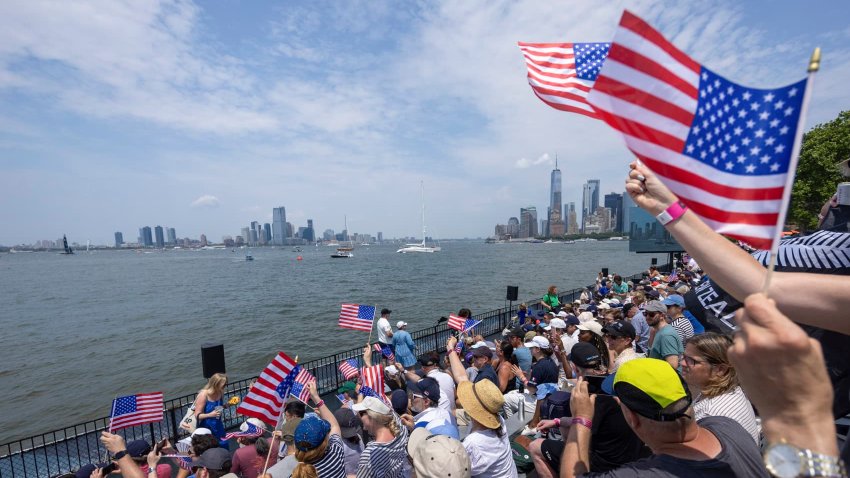 Ticket holders on Governors Island, New York gather to watch SailGP races, Season 4, New York, Sunday 23rd June 2024.