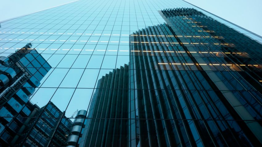 U.K., abstract of glass and steel built office towers in the London financial district.