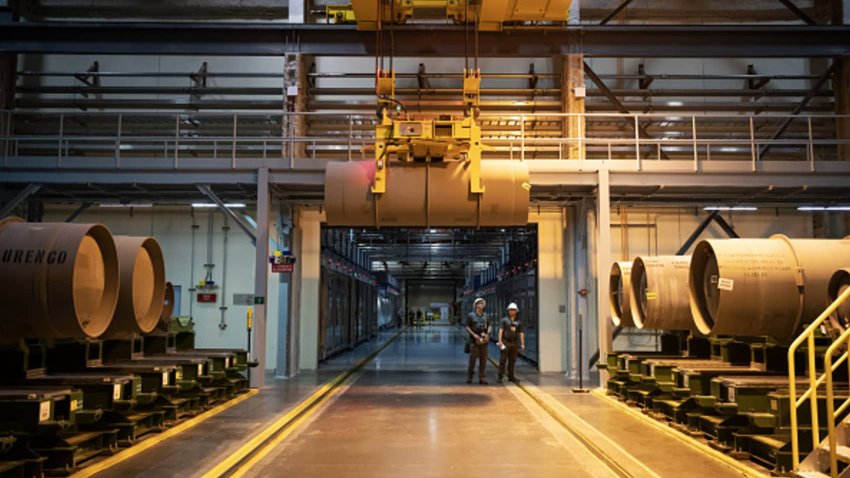 Canisters filled with uranium hexafluoride gas at the Urenco USA uranium enrichment facility near Eunice, New Mexico, US, on Tuesday, July 11, 2023.