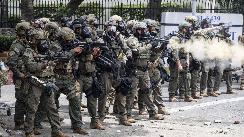 U.S. Border Patrol and protesters clash after a raid was conducted by Immigration and Customs Enforcement near a Home Depot of illegal immigrants in Paramount, California on June 06, 2025.