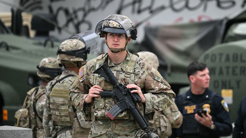 Members of the California National Guard stand watch outside the Edward R. Roybal Federal Building in Los Angeles, as protests continue in response to federal immigration operations, June 10, 2025.