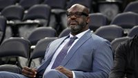 Shaquille O’Neal sits on the bench before the game between the Indiana Pacers and the New York Knicks during Game 2 of the 2025 Eastern Conference Finals at Madison Square Garden in New York City, New York, on May 23, 2025.