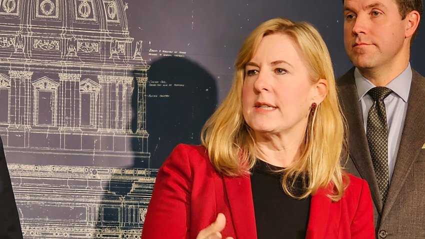 Minnesota House Democratic Caucus Leader Melissa Hortman speaks with reporters at the state Capitol in St. Paul on Thursday, Feb. 6, 2025.
