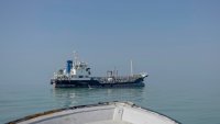 A large commercial ship floats off the coast in Bushehr, Iran, on January 15, 2025. Bushehr is Iran’s first nuclear seaport.
