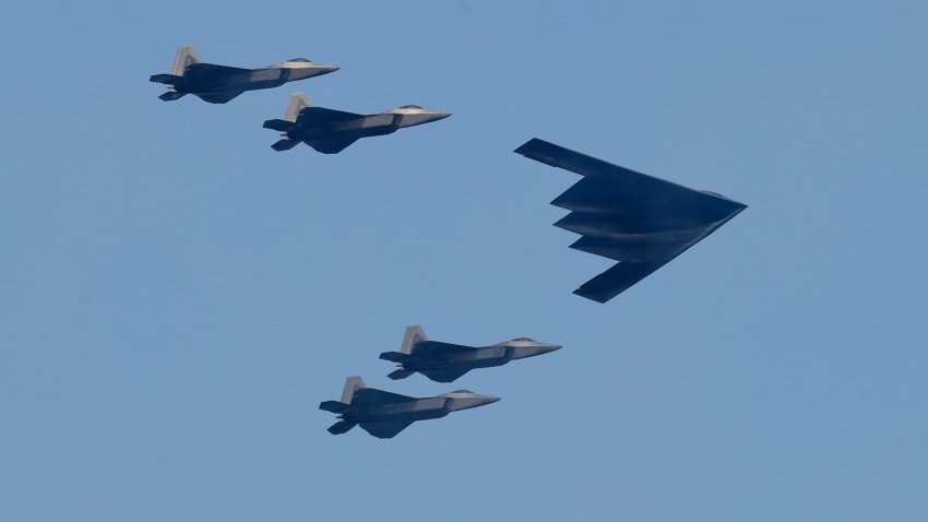 File: A B2 bomber leads a group of fighter jets during a military flyover as part of Independence Day festivities on July 4, 2020 as seen from Bayonne, New Jersey.