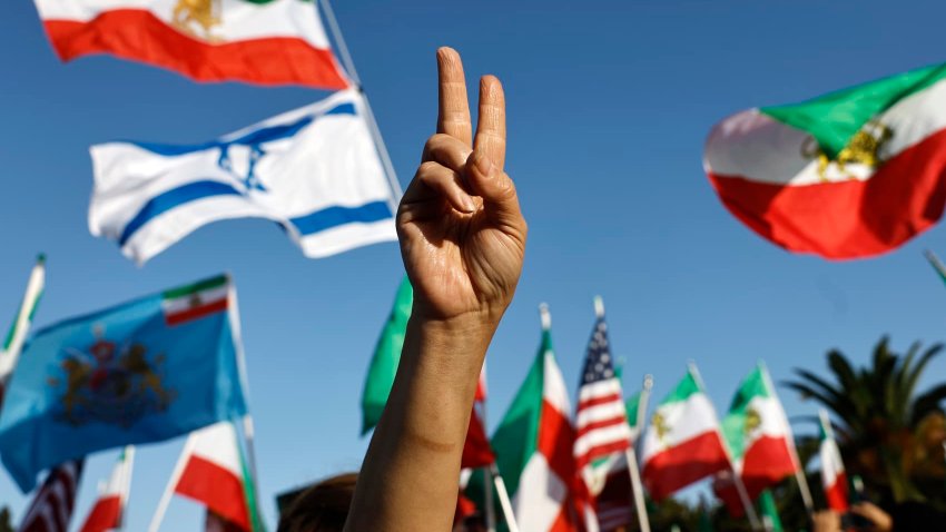 Supporters of regime change in Iran rally outside the Wilshire Federal Building on June 23, 2025 in Los Angeles, California, U.S.