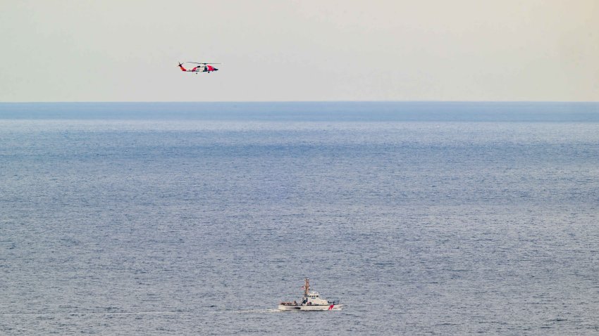 The USCG Cutter Sea Otter and MH-60 Jayhawk helicopter search for survivors after a Cessna crashed off Point Loma on Sunday June 8, 2025.