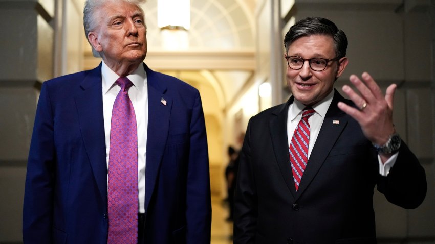 President Donald Trump and Speaker of the House Mike Johnson, R-La., speak to reporters after departing a House Republican conference meeting, Tuesday, May 20, 2025, at the U.S. Capitol in Washington.