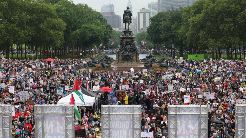 Demonstrators fill Eakins Oval in front of the Philadelphia Museum of Art during the "No Kings" protest, Saturday, June 14, 2025, in Philadelphia.