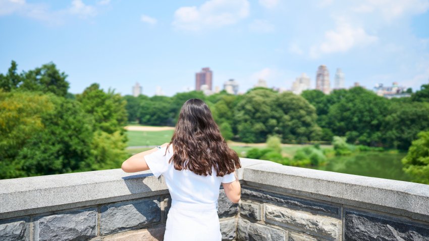 File. Tourist admiring the stunning view of Central Park from Belvedere Castle, soaking in the beauty of New York City’s skyline on a sunny day