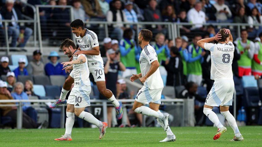 ST PAUL, MINNESOTA – JUNE 14: Anders Dreyer #10 of San Diego FC (L) celebrates his goal against Minnesota United with teammates in the first half at Allianz Field on June 14, 2025 in St Paul, Minnesota. (Photo by David Berding/Getty Images)