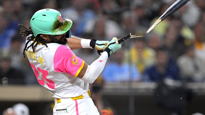 SAN DIEGO, CALIFORNIA – JUNE 20: Fernando Tatis Jr. #23 of the San Diego Padres breaks his bat on a pop-up during the eighth inning against the Kansas City Royals at Petco Park on June 20, 2025 in San Diego, California. (Photo by Orlando Ramirez/Getty Images)