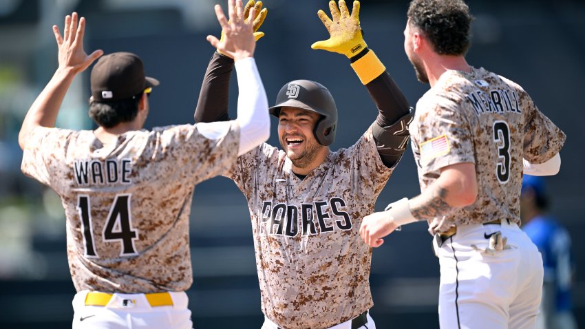 SAN DIEGO, CALIFORNIA – JUNE 22: Jose Iglesias (C) of the San Diego Padres is congratulated by Tyler Wade #14 and Jackson Merrill #3 after hitting a walk-off fielder’s choice in the ninth inning against the Kansas City Royals at Petco Park on June 22, 2025 in San Diego, California. (Photo by Orlando Ramirez/Getty Images)
