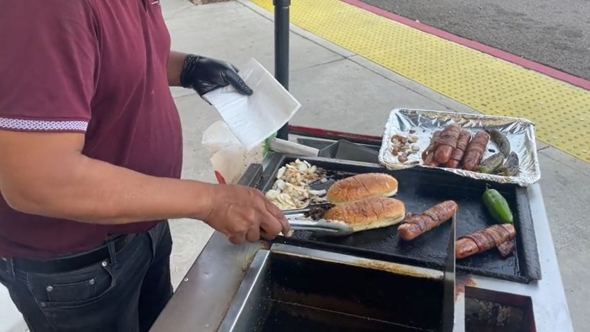 Hot dog vendor outside a business in San Diego. June 1, 2025. Photo Credit: NBC 7 San Diego
