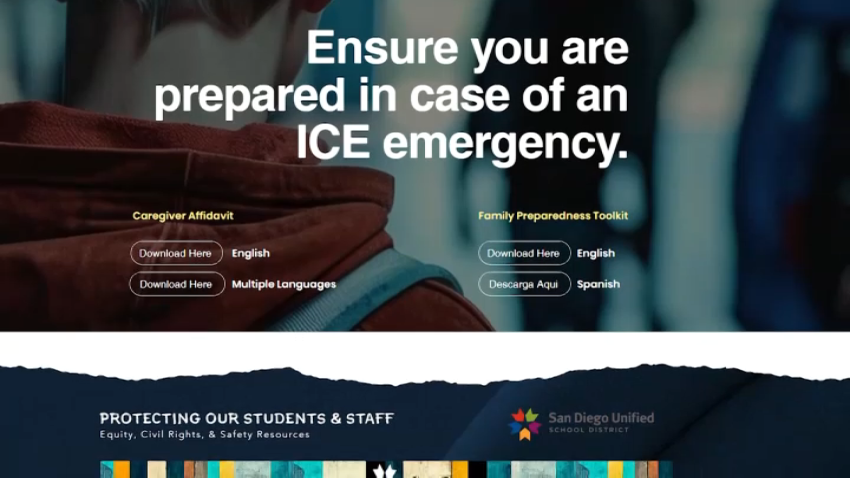 Undated image of San Diego Unified website that reads “Ensure you are prepared in case of an ICE emergency.”