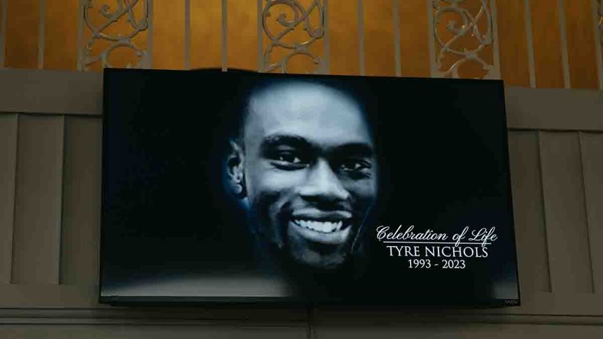 File - A screen at the entrance of Mississippi Boulevard Christian Church displays the celebration of life for Tyre Nichols on Feb. 1, 2023, in Memphis, Tennessee.