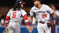 Jun 23, 2025; San Diego, California, USA; Washington Nationals left fielder James Wood (29) and CJ Abrams (5) celebrate after the Nationals beat the San Diego Padres 10-6 at Petco Park. Mandatory Credit: Denis Poroy-Imagn Images