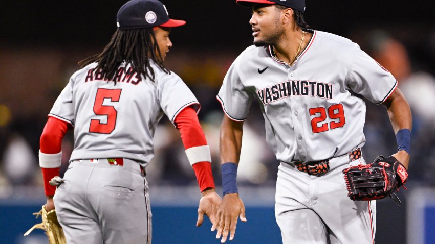 Jun 23, 2025; San Diego, California, USA; Washington Nationals left fielder James Wood (29) and CJ Abrams (5) celebrate after the Nationals beat the San Diego Padres 10-6 at Petco Park. Mandatory Credit: Denis Poroy-Imagn Images