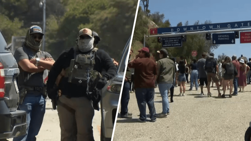 Federal agents and protesters are pictured outside Dodger Stadium Thursday June 19, 2025.