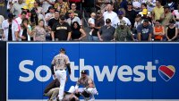 SAN DIEGO, CALIFORNIA – JUNE 01: Gavin Sheets #30 of the San Diego Padres lays on the field after colliding with the outfield wall during the fourth inning against the Pittsburgh Pirates at Petco Park on June 01, 2025 in San Diego, California. (Photo by Orlando Ramirez/Getty Images)