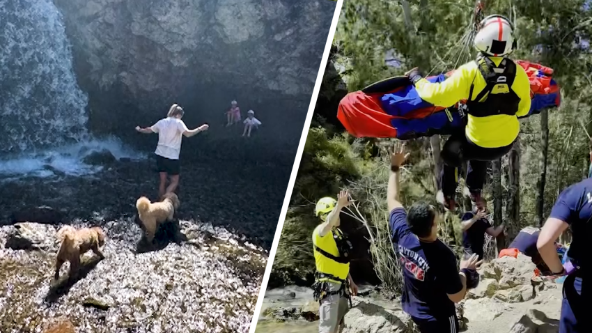 Split screen of family by waterfall on left and search and rescue team on right