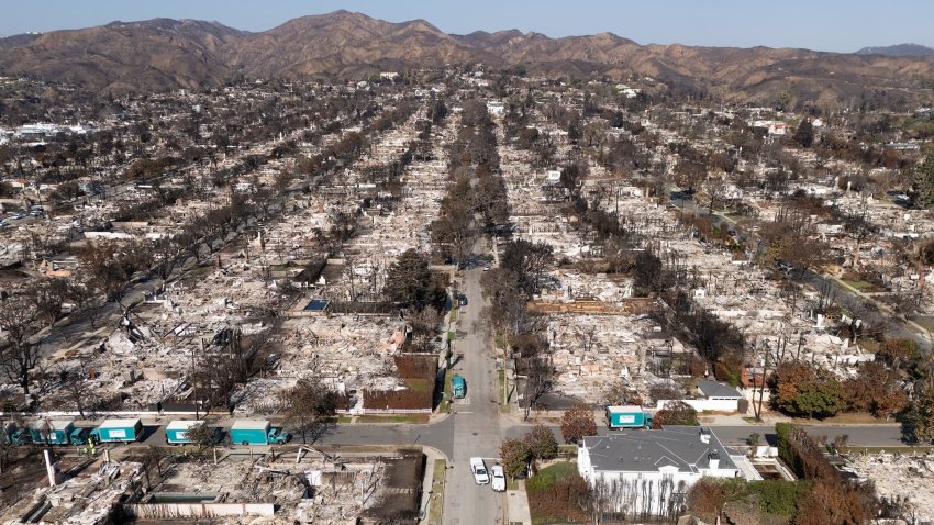 Drone image of the Alphabet streets neighborhood in Pacific Palisades destroyed in the Palisades fire. Photographed on Tuesday, Jan. 28, 2025. 
