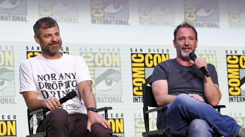 Matt Stone and Trey Parker (right( speak onstage during Comedy Central Adult Animation's: South Park, Beavis & Butt-Head, Digman! panel at San Diego Comic-Con on July 24, 2025.