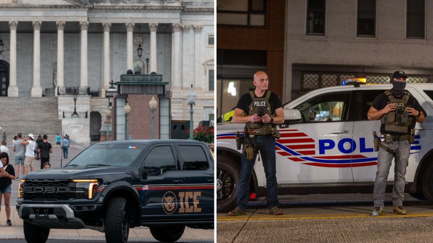 An Immigration and Customs Enforcement (ICE) branded vehicle parked at the US Capitol on August 13, 2025 (left). Police stand near a Metropolitan Police Department vehicle near 14th Street NW (right).