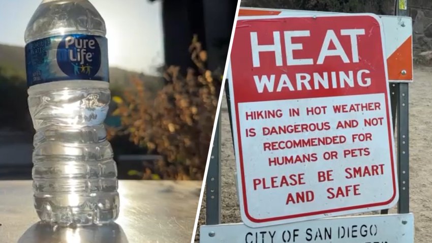 A water bottle (l) sits in the sun on a hot day in San Diego and a sign (r) warns hikers of a heat warning at the entrance to Cowles Mountain, Aug. 6, 2025.
