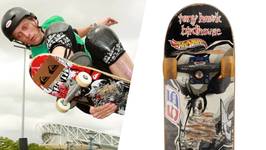 Tony Hawk and the iconic &quot;900&quot; board used at the firtst-ever documented 900, on bid at Julien&#039;s Auctions.