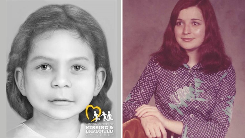 At left, a rendering of Rea Rasmussen, identified in 2025 as a victim of New Hampshire's Bear Brook murders. Her still-missing mother, Pepper Reed, is seen at right.
