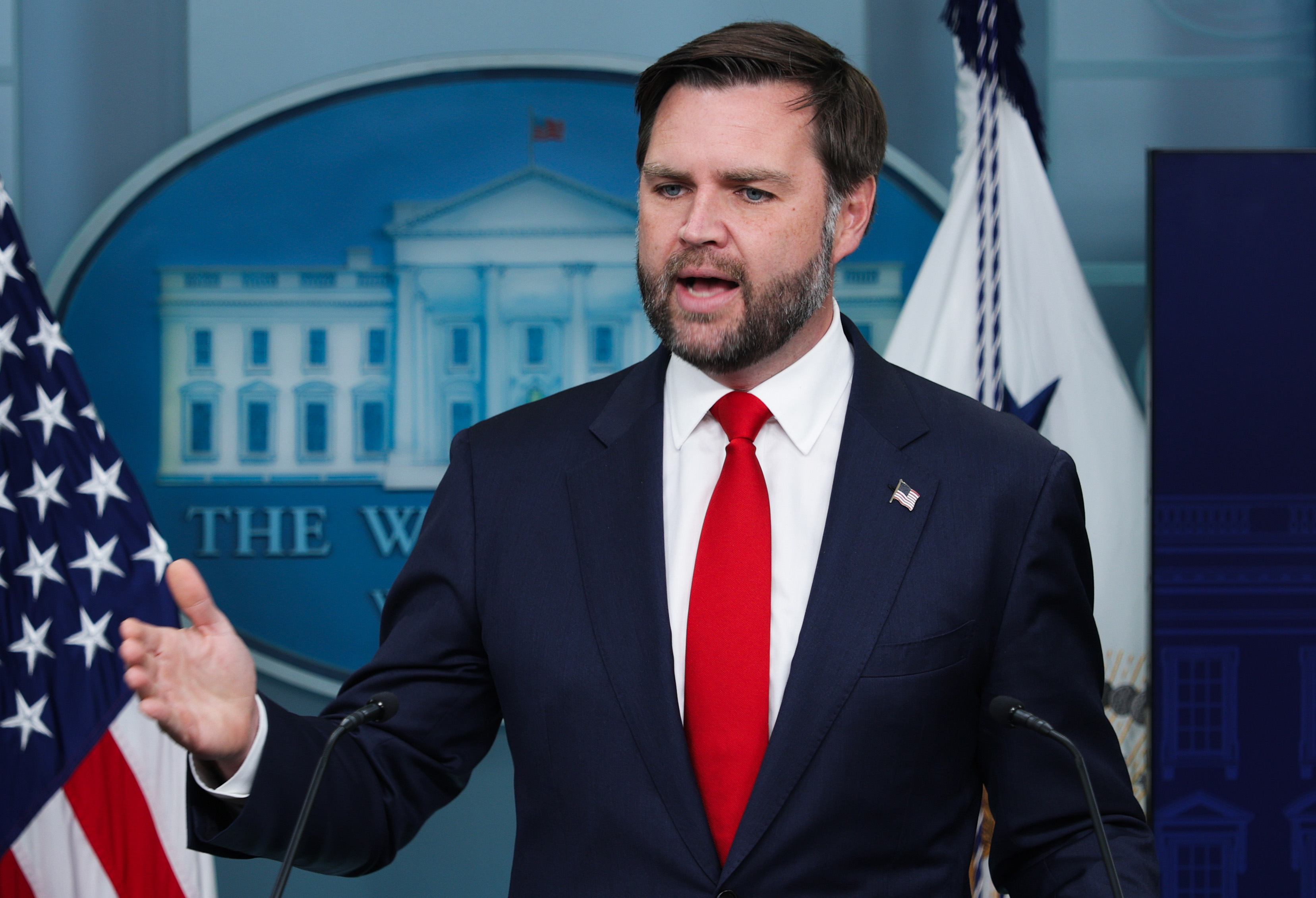 U.S. Vice President JD Vance speaks during the daily press briefing in the Brady Press Briefing Room at the White House on October 01, 2025 in Washington, DC.