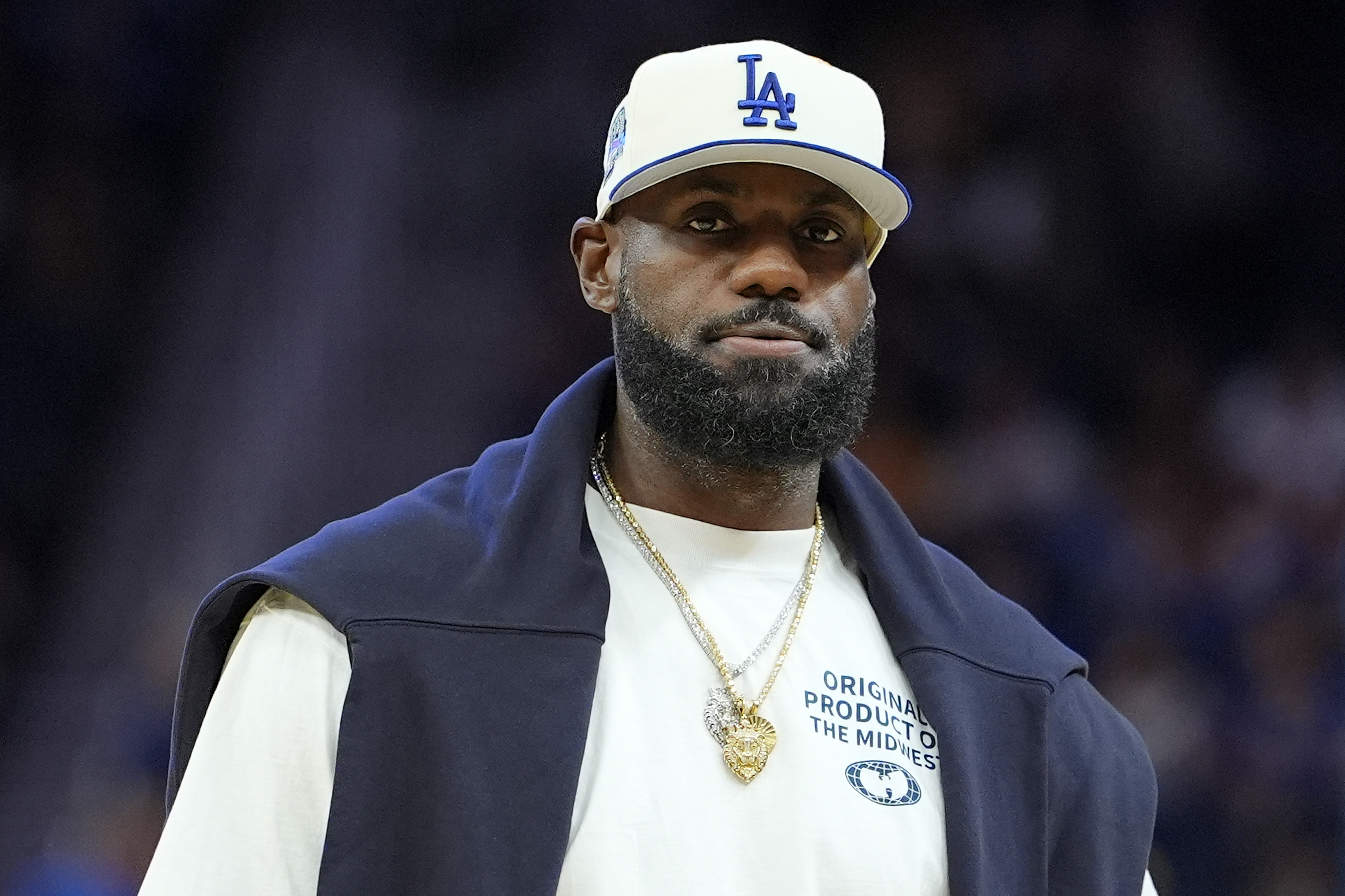 SAN FRANCISCO, CALIFORNIA – OCTOBER 05: Lebron James #23 of the Los Angeles Lakers looks on against the Golden State Warriors during a time out in the second half of a preseason NBA game at Chase Center on October 05, 2025 in San Francisco, California.