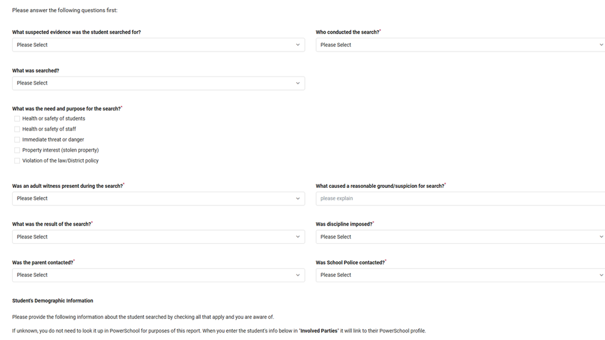 This image shows a portion of the electronic form SDUSD administrators must now fill out to document all student searches.