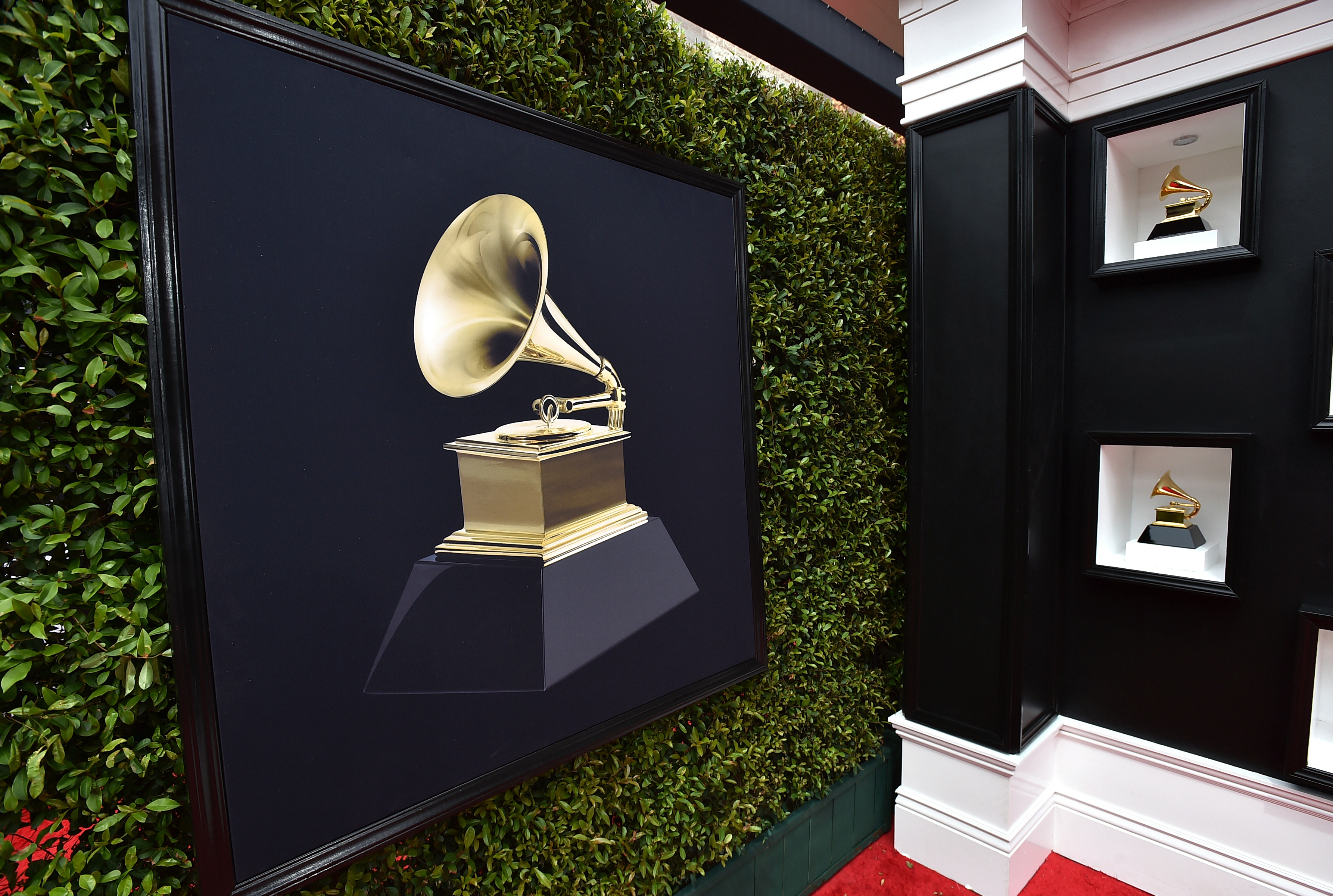 Decorative Grammy Awards appear on the red carpet