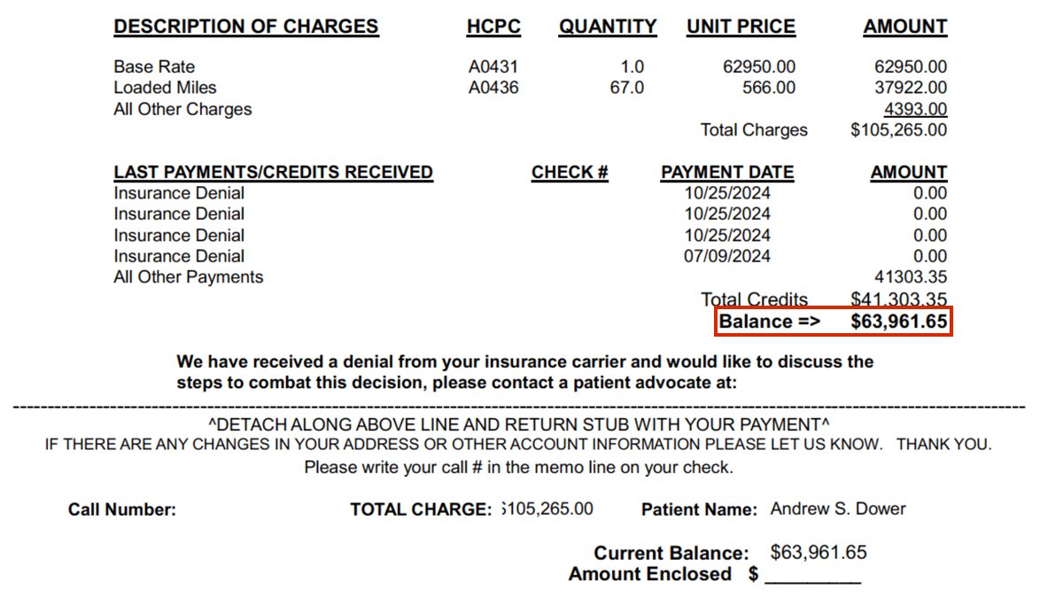 This document shows the monetary amount of coverage denied from Andrew Dower's air ambulance service.