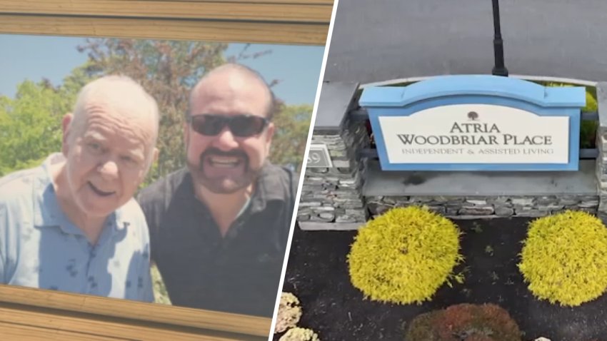 A split screen showing a family photo of Bradford Kelley's father and the Atria Woodbriar Place senior living facility