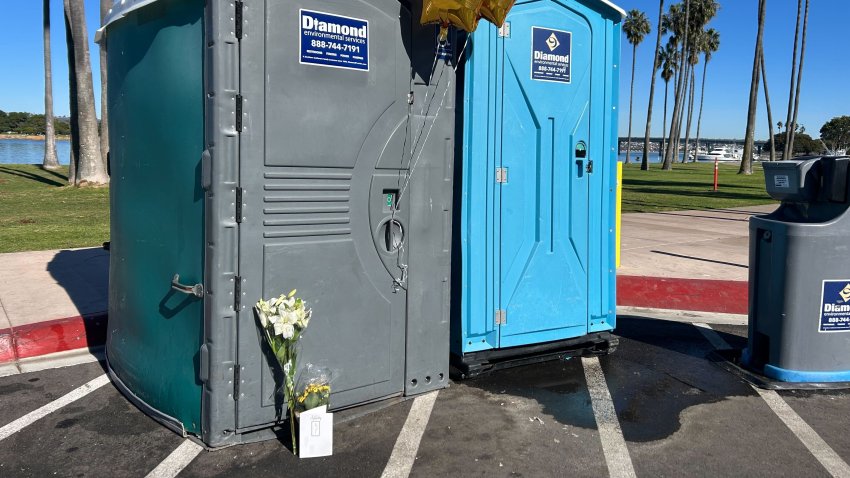 A small memorial was placed outside portable restrooms in Mission Bay on Monday, Dec. 9, 2025 after an infant was found dead.