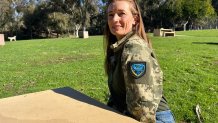 Mira Rubin, president of Shield of Freedom, shows a jacket she was gifted by a Ukrainian soldier, December 28, 2025.