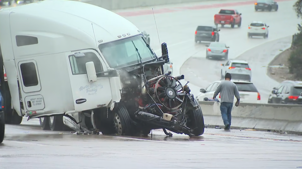 A semi-truck spinout in the rain on northbound I-15 at I-8 on Dec. 31, 2025 was creating traffic.