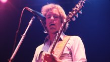 American Rock musician Bob Weir, of the group Grateful Dead, plays an electric guitar as he performs onstage at Nassau Coliseum (later Nassau Veterans Memorial Coliseum), Uniondale, New York, November 1, 1979. 
