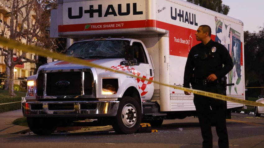A U-Haul truck plowed into a group of protesters in Westwood on Sunday during a demonstration in support of the Iranian people.Hundreds of people marched in Westwood to show support for Iranian protesters as the crackdown of demonstrations in the Middle Eastern country resulted in the deaths of hundreds. Sunday January 11, 2026  (Photo by Kayla Bartkowski/Los Angeles Times via Getty Images)