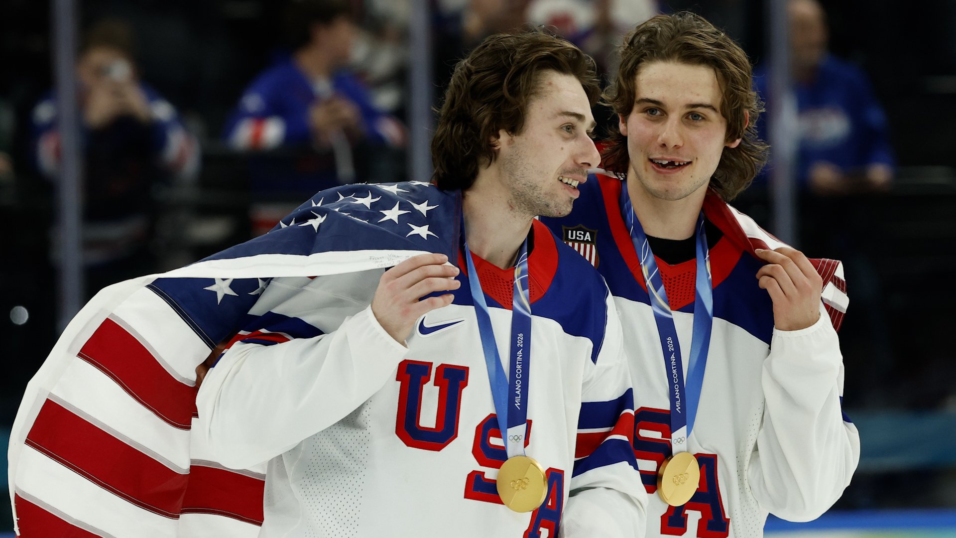 Quinn Hughes reacts to brother Jack Hughes' gold-winning goal