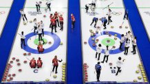 A digital composite of athletes competing during the Women's Round Robin Session between Team Denmark and Team United States (Sheet C) and Team Italy and Team Japan (Sheet B) on day eleven.
