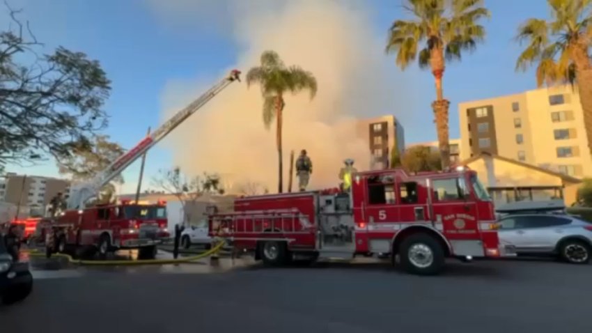 SDFD crews battle a fire at an abandoned building in University Heights, Feb. 21, 2026.