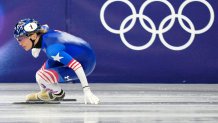 Kristen Santos-Griswold of the United States skates in a women's 500m heat.