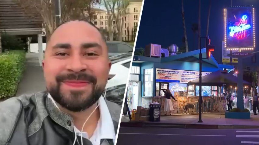 Victor Villa is pictured alongside a Villa's Tacos location.
