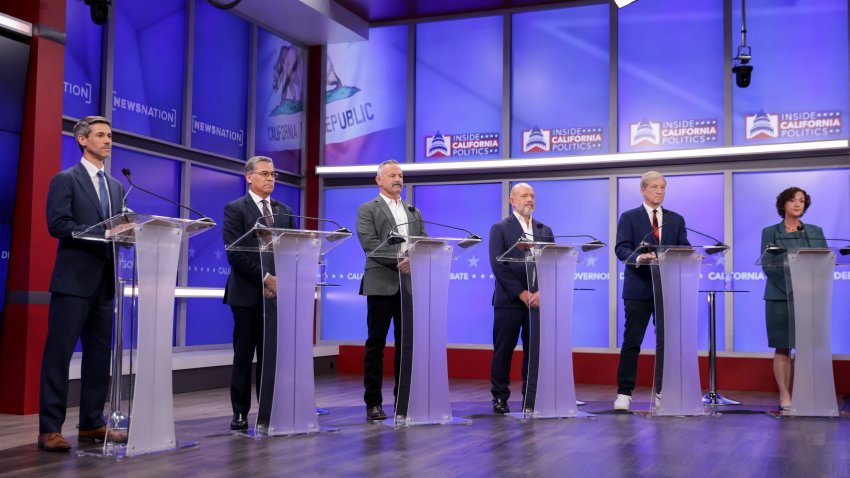 Matt Mahan, Democratic gubernatorial candidate for California, from left, Xavier Becerra, Democratic gubernatorial candidate for California, Chad Bianco, Republican gubernatorial candidate for California, Steve Hilton, Republican gubernatorial candidate for California, Tom Steyer, Democratic gubernatorial candidate for California, and Katie Porter, Democratic gubernatorial candidate for California, during a gubernatorial debate at KRON Studios in San Francisco, California, US, on Wednesday, April 22, 2026. California will hold its primary election on June 2, where the top two finishers advance to the general election in November regardless of party affiliation. Photographer: Jason Henry/Nexstar/Bloomberg