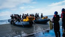 U.S. Navy divers prepare to launch off the well deck ramp of amphibious transport dock ship USS John P. Murtha (LPD 26) before recovering the Orion space craft on April 10, 2026. John P. Murtha is underway in the U.S. 3rd Fleet area of operations supporting NASA’s Artemis II mission, retrieving the crew and space craft following their return to Earth and splashdown in the Pacific Ocean. NASA’s Artemis II mission sent four astronauts on a flight around the moon in the Orion space craft, marking the first