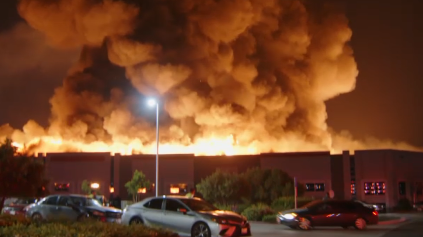 A warehouse fire Tuesday April 7, 2026 in Ontario.